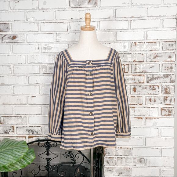 St. John's Bay Tops - St. John’s Bay Coastal Striped Blue Tan Button Down Cotton Long Sleeve Top L